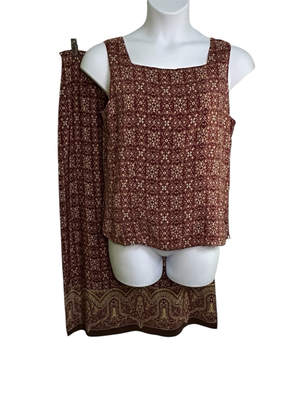 Charter Club Women’s Print Maxi Skirt Set 100% Silk Sleeveless Burgundy Sz 16